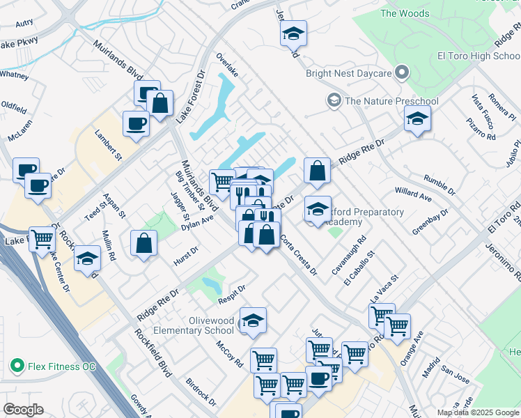 map of restaurants, bars, coffee shops, grocery stores, and more near 23311 Muirlands Boulevard in Lake Forest