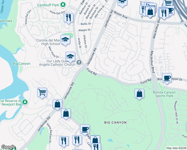 map of restaurants, bars, coffee shops, grocery stores, and more near 57 Sea Island Drive in Newport Beach