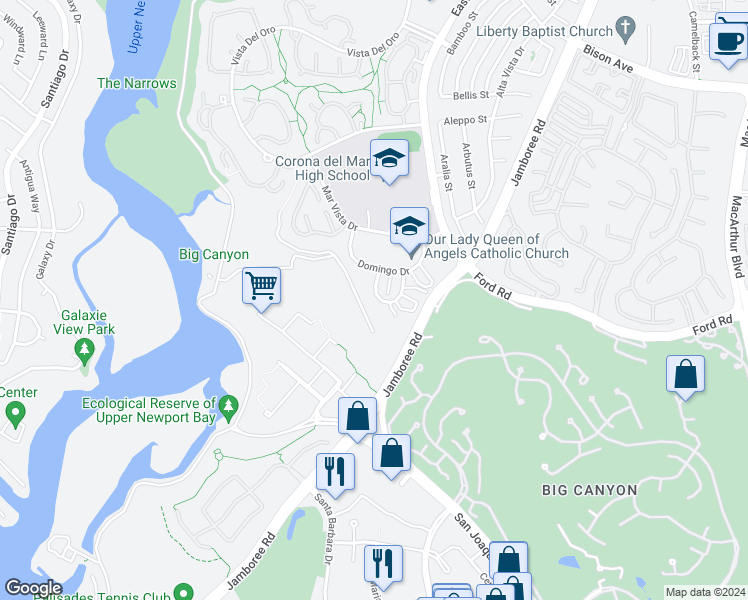 map of restaurants, bars, coffee shops, grocery stores, and more near 721 Amigos Way in Newport Beach