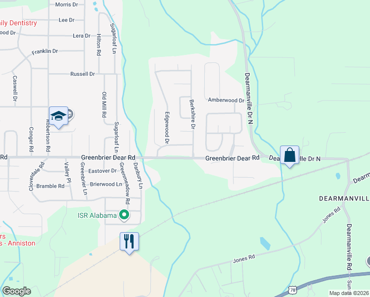 map of restaurants, bars, coffee shops, grocery stores, and more near 4423 Mayfair Rd in Anniston