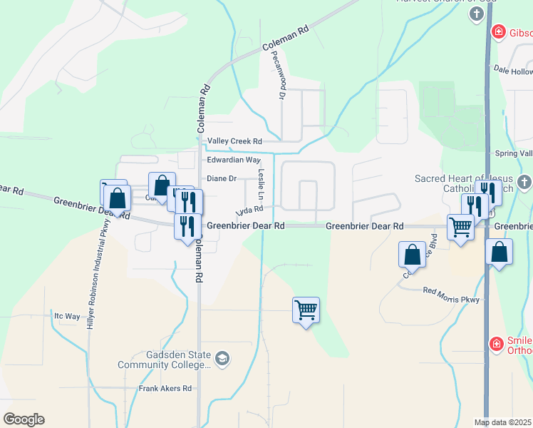 map of restaurants, bars, coffee shops, grocery stores, and more near 1830 Lyda Lane in Anniston
