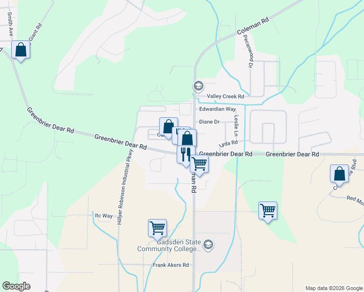 map of restaurants, bars, coffee shops, grocery stores, and more near 1529 Greenbrier Dear Rd in Anniston
