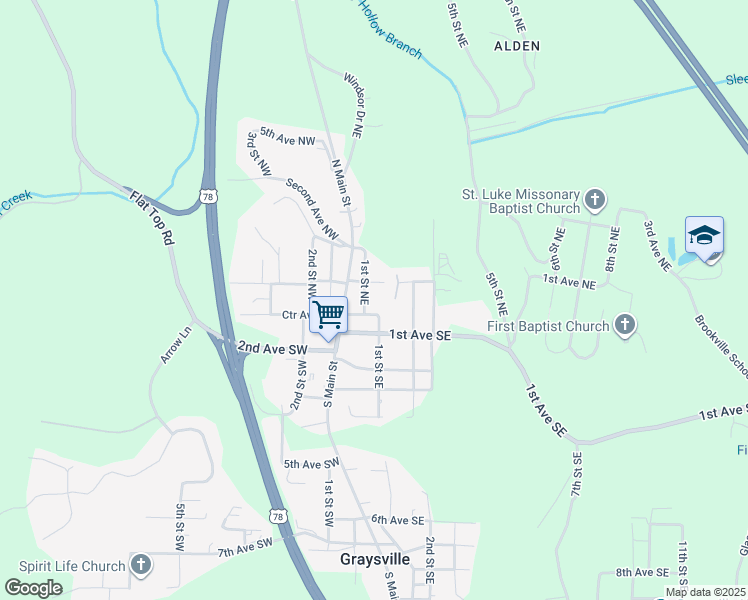 map of restaurants, bars, coffee shops, grocery stores, and more near 27 1st Street Northwest in Graysville