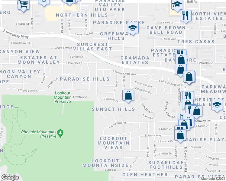 map of restaurants, bars, coffee shops, grocery stores, and more near 1918 East Tierra Buena Lane in Phoenix