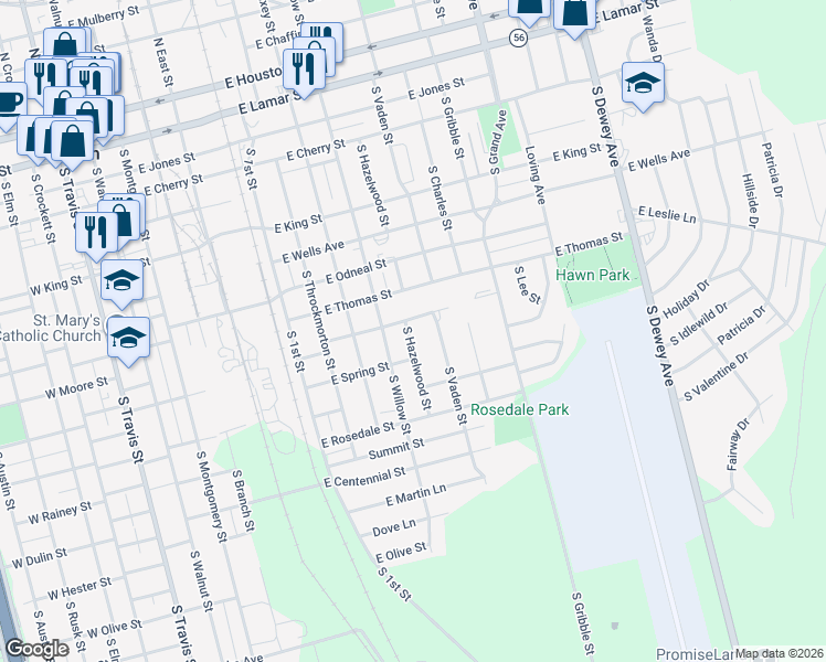 map of restaurants, bars, coffee shops, grocery stores, and more near 1011 South Hazelwood Street in Sherman