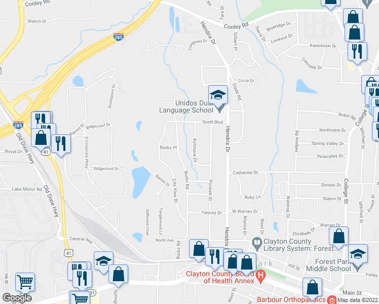 map of restaurants, bars, coffee shops, grocery stores, and more near 4583 Ashmore Drive in Forest Park