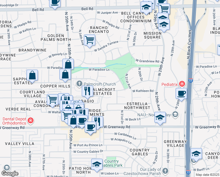 map of restaurants, bars, coffee shops, grocery stores, and more near 3164 West Marconi Avenue in Phoenix