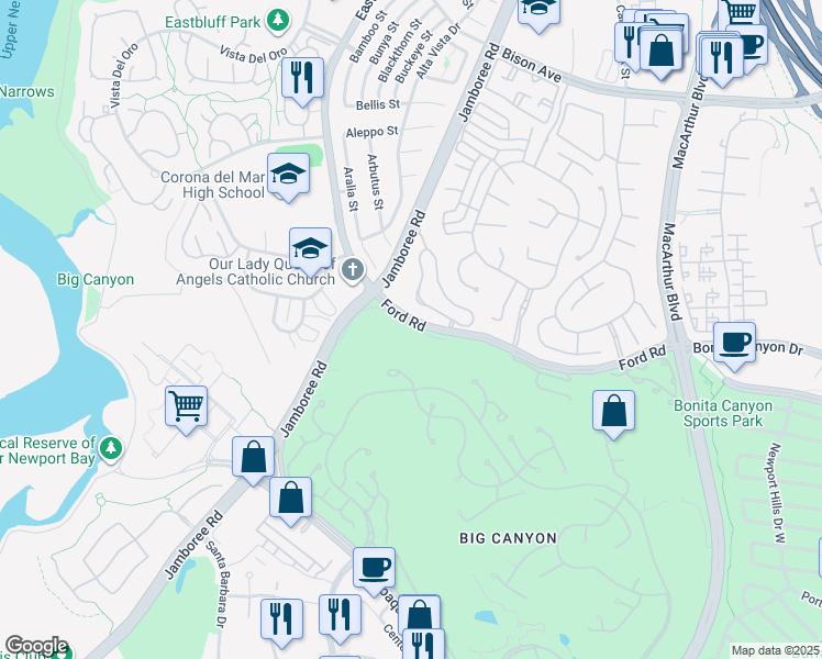map of restaurants, bars, coffee shops, grocery stores, and more near 57 Sea Island Drive in Newport Beach
