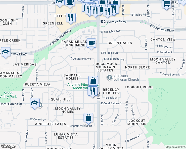 map of restaurants, bars, coffee shops, grocery stores, and more near 437 East Marconi Avenue in Phoenix