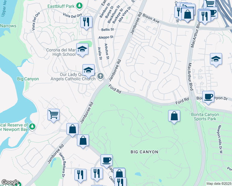 map of restaurants, bars, coffee shops, grocery stores, and more near 67 Sea Island Drive in Newport Beach