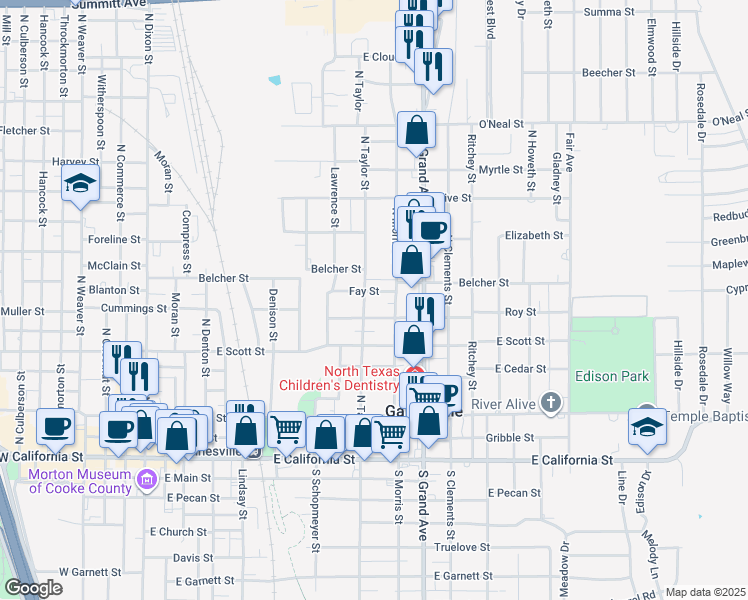 map of restaurants, bars, coffee shops, grocery stores, and more near 618 North Taylor Street in Gainesville