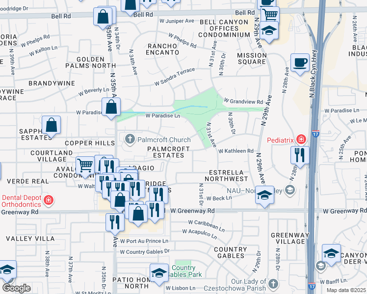 map of restaurants, bars, coffee shops, grocery stores, and more near 3164 West Marconi Avenue in Phoenix