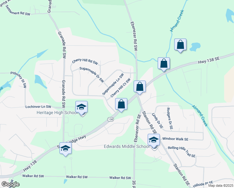 map of restaurants, bars, coffee shops, grocery stores, and more near 1620 Cherry Hill Court Southwest in Conyers