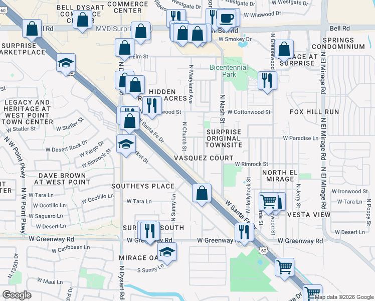 map of restaurants, bars, coffee shops, grocery stores, and more near 16025 North Church Street in Surprise