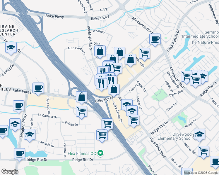 map of restaurants, bars, coffee shops, grocery stores, and more near 23622 Rockfield Boulevard in Lake Forest