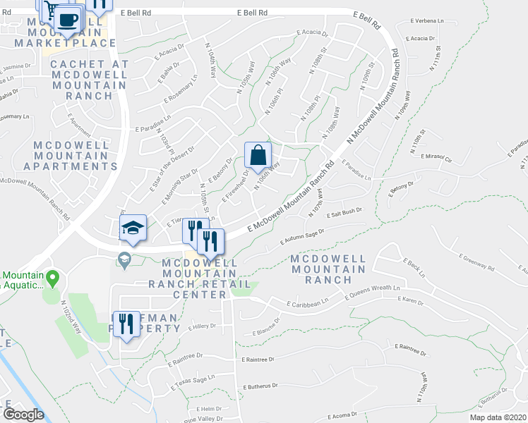 map of restaurants, bars, coffee shops, grocery stores, and more near 10607 East Tierra Buena Lane in Scottsdale