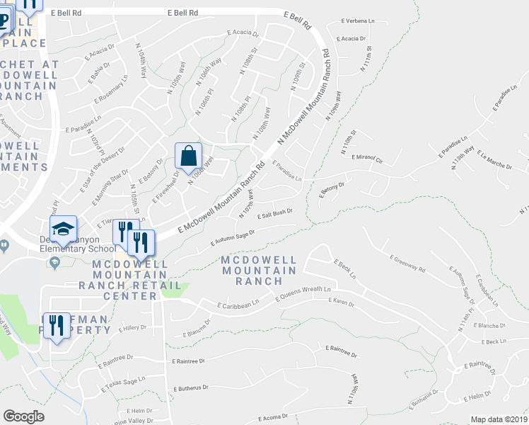 map of restaurants, bars, coffee shops, grocery stores, and more near 10814 East Salt Bush Drive in Scottsdale