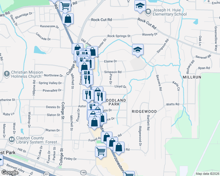 map of restaurants, bars, coffee shops, grocery stores, and more near 1083 Lloyd Drive in Forest Park