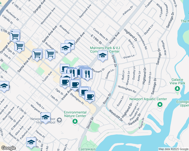 map of restaurants, bars, coffee shops, grocery stores, and more near 2141 Andover Lane in Newport Beach