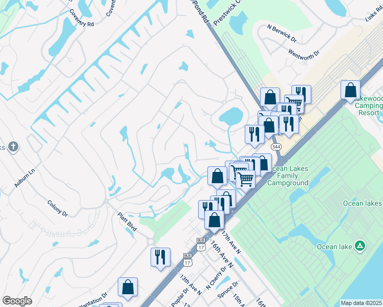 map of restaurants, bars, coffee shops, grocery stores, and more near 1421 Turkey Ridge Road in Myrtle Beach
