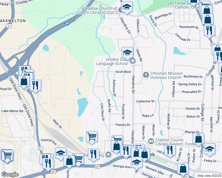 map of restaurants, bars, coffee shops, grocery stores, and more near 4583 Ashmore Drive in Forest Park