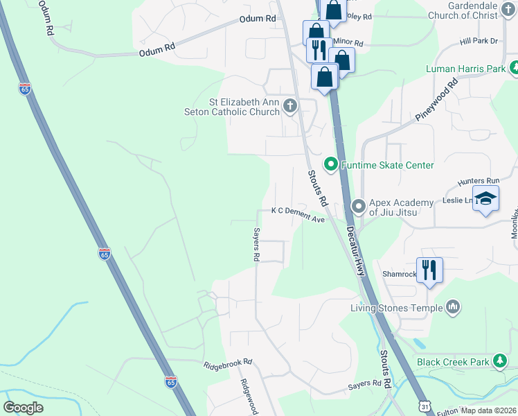 map of restaurants, bars, coffee shops, grocery stores, and more near 1813 K C Dement Avenue in Fultondale