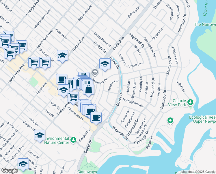 map of restaurants, bars, coffee shops, grocery stores, and more near 1307 Sussex Lane in Newport Beach