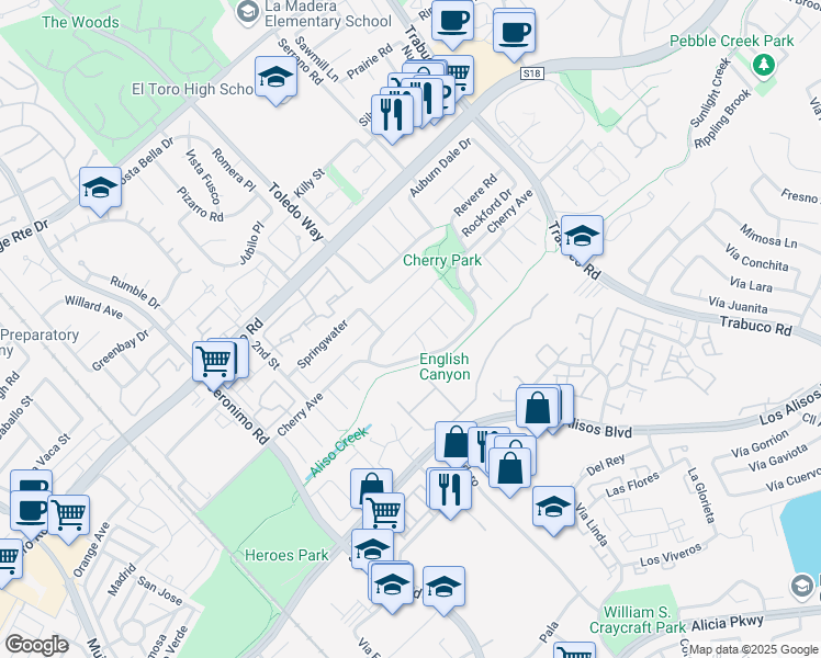 map of restaurants, bars, coffee shops, grocery stores, and more near 22921 Hazelwood in Lake Forest