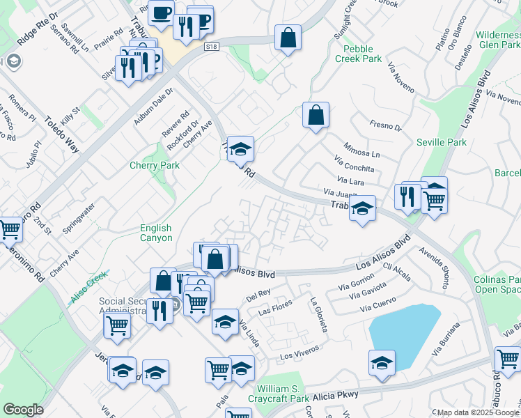 map of restaurants, bars, coffee shops, grocery stores, and more near 22948 Vía Pimiento in Mission Viejo