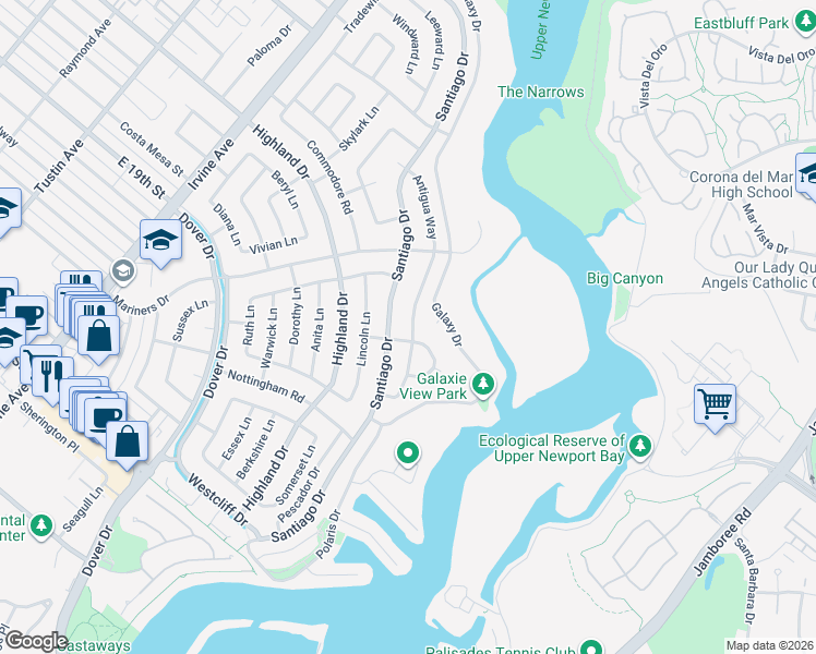 map of restaurants, bars, coffee shops, grocery stores, and more near 1409 Antigua Way in Newport Beach