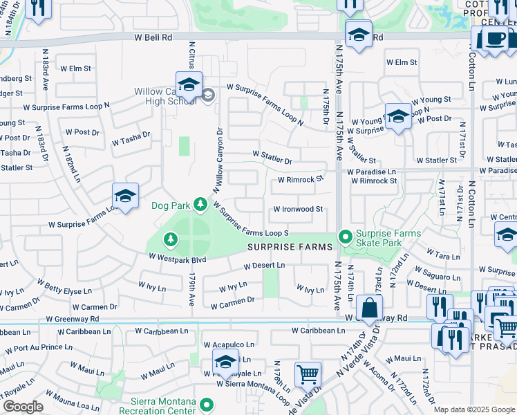 map of restaurants, bars, coffee shops, grocery stores, and more near 17718 West Ironwood Street in Surprise