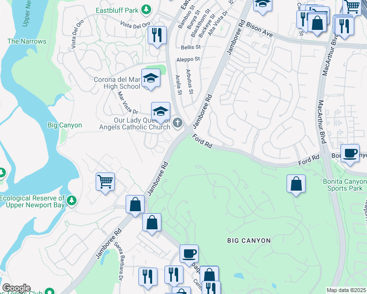 map of restaurants, bars, coffee shops, grocery stores, and more near 16 Sea Island Drive in Newport Beach