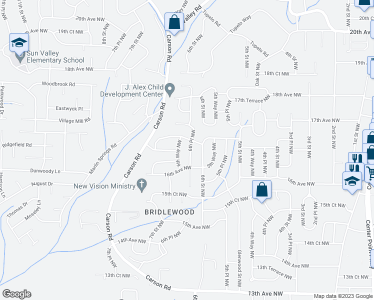 map of restaurants, bars, coffee shops, grocery stores, and more near 1648 6th Place Northwest in Center Point