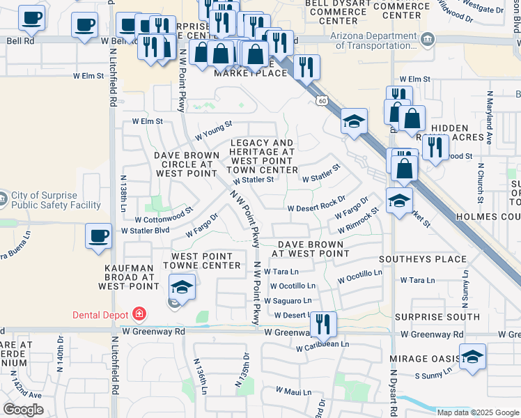 map of restaurants, bars, coffee shops, grocery stores, and more near 16102 North Naegel Drive in Surprise