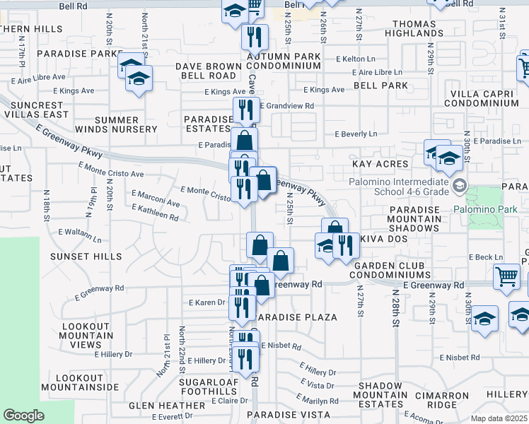 map of restaurants, bars, coffee shops, grocery stores, and more near 15803 North Cave Creek Road in Phoenix