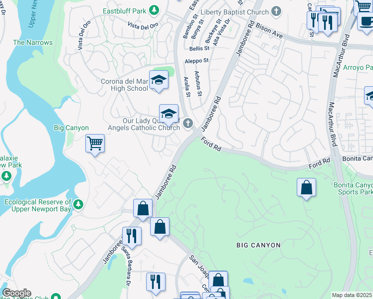 map of restaurants, bars, coffee shops, grocery stores, and more near 8 Sea Island Drive in Newport Beach