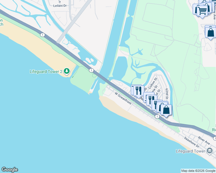 map of restaurants, bars, coffee shops, grocery stores, and more near 7405 Seashore Drive in Newport Beach