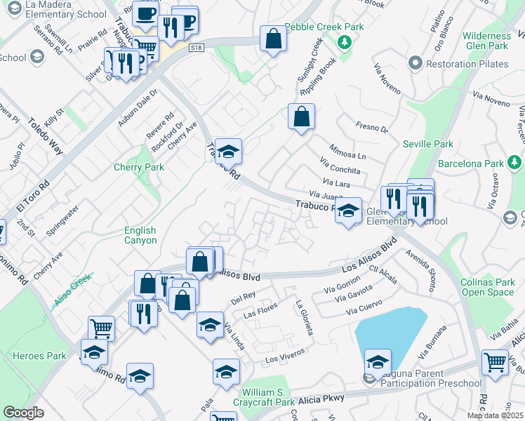 map of restaurants, bars, coffee shops, grocery stores, and more near 22915 Vía Cereza in Mission Viejo
