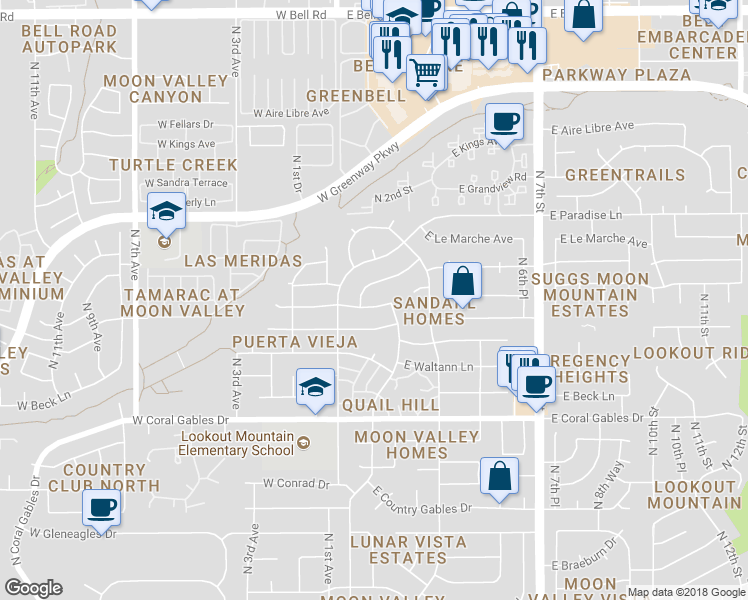 map of restaurants, bars, coffee shops, grocery stores, and more near 116 East Kathleen Road in Phoenix