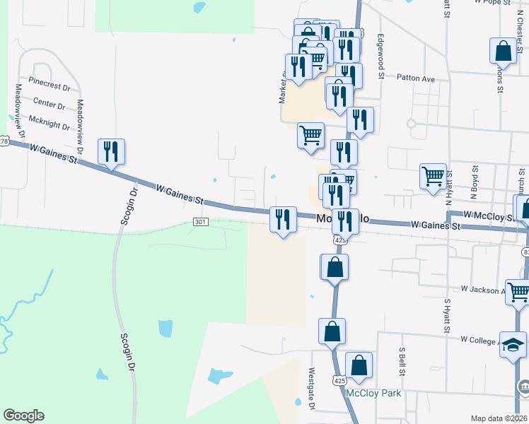 map of restaurants, bars, coffee shops, grocery stores, and more near 753 West Gaines Avenue in Monticello