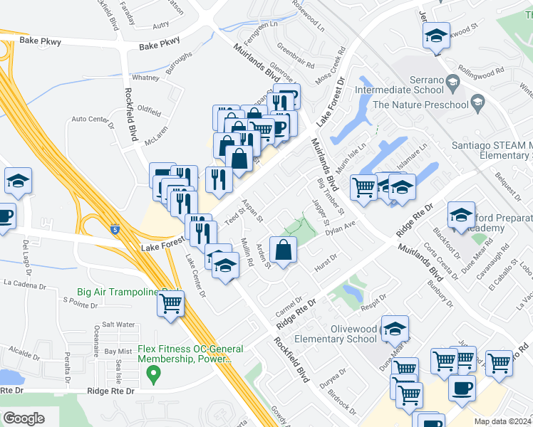map of restaurants, bars, coffee shops, grocery stores, and more near 23922 Oswego Street in Lake Forest