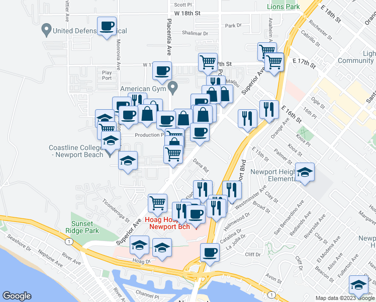 map of restaurants, bars, coffee shops, grocery stores, and more near 1525 Superior Avenue in Newport Beach