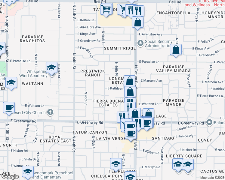 map of restaurants, bars, coffee shops, grocery stores, and more near 4625 East Kathleen Road in Phoenix
