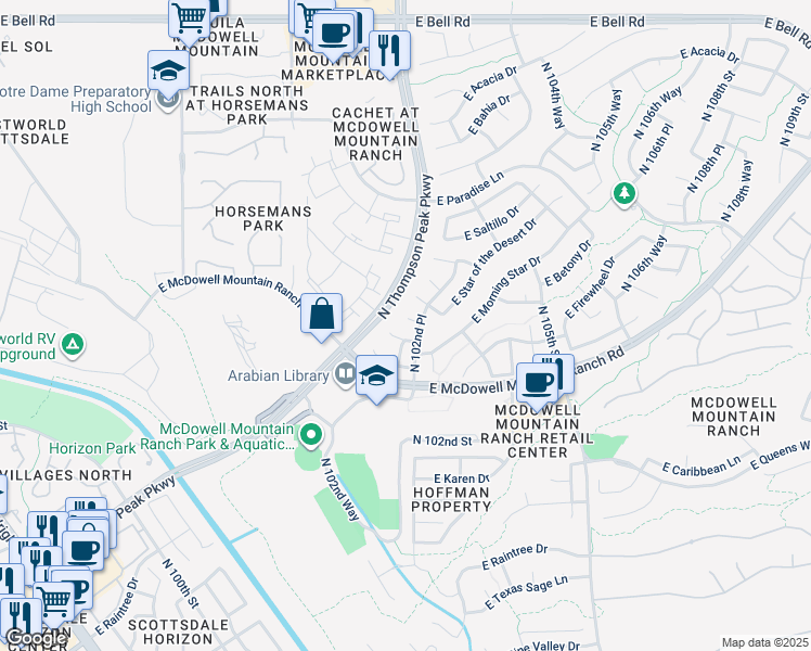 map of restaurants, bars, coffee shops, grocery stores, and more near 10223 East Salt Bush Drive in Scottsdale