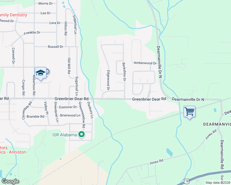 map of restaurants, bars, coffee shops, grocery stores, and more near 4423 Mayfair Road in Anniston