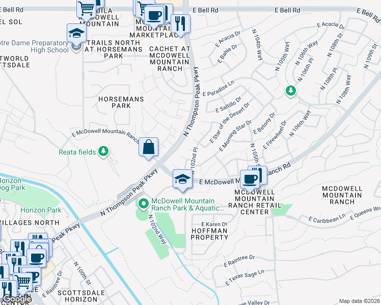 map of restaurants, bars, coffee shops, grocery stores, and more near 10215 East Salt Bush Drive in Scottsdale