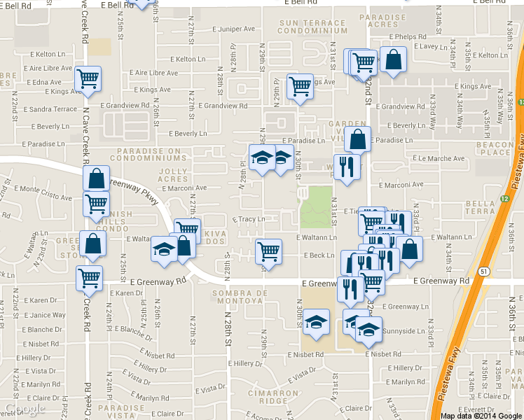 map of restaurants, bars, coffee shops, grocery stores, and more near 15636 North 29th Street in Phoenix