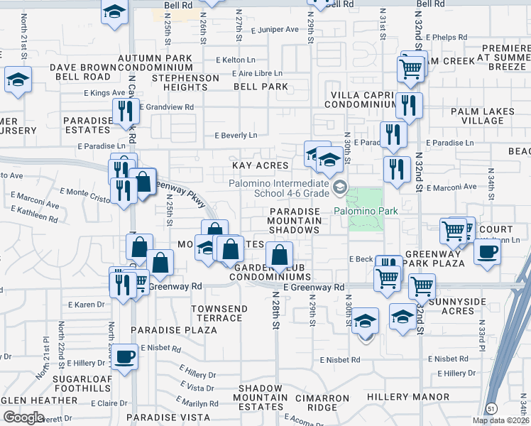 map of restaurants, bars, coffee shops, grocery stores, and more near 2725 East Tierra Buena Lane in Phoenix