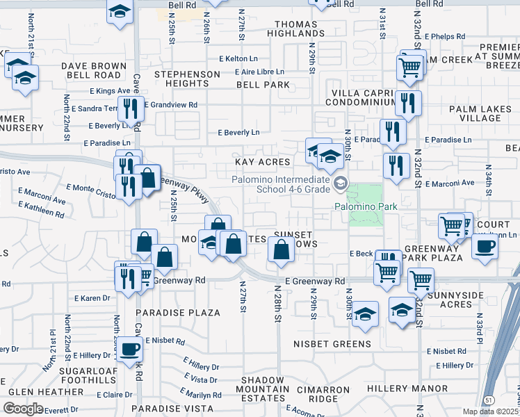 map of restaurants, bars, coffee shops, grocery stores, and more near 2725 East Tierra Buena Lane in Phoenix