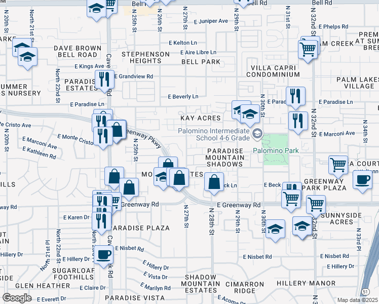 map of restaurants, bars, coffee shops, grocery stores, and more near 2606 East Greenway Parkway in Phoenix